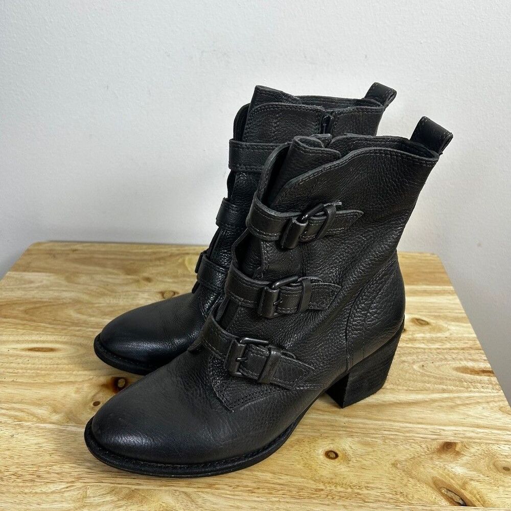 Vince Camuto Dassia Womens Boots Size 6B 36 Black Leather Triple Buckle Moto